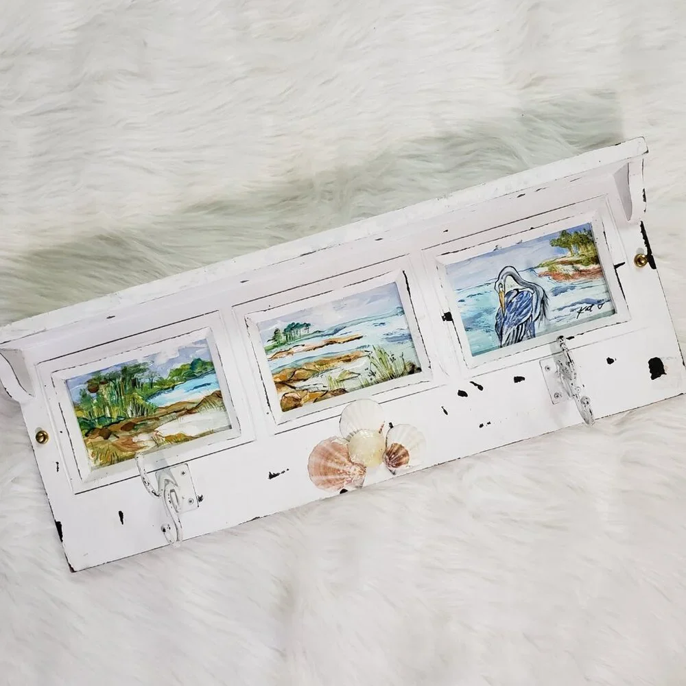 Vintage Signed Artsy Beachy Shabby chic Coastal Wall 2 Hook Shelf